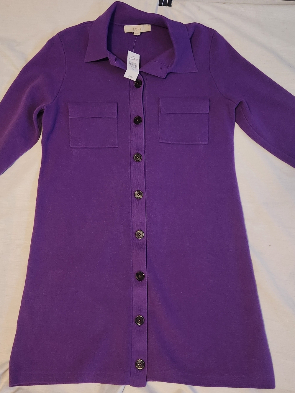 LOFT Womens Purple Button-Front Shirt Dress with Patch Pockets
